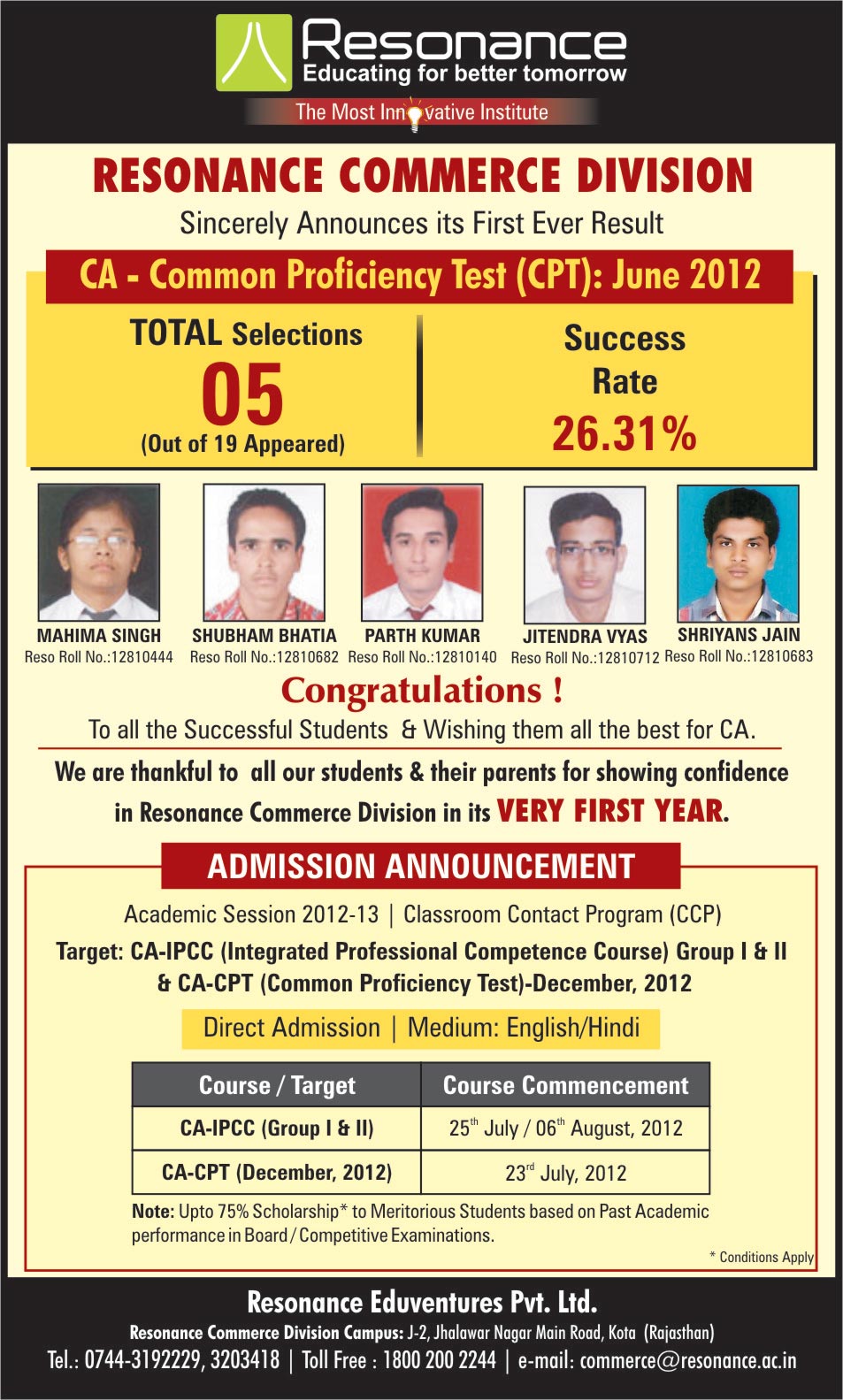 CA CPT June 2012 Result