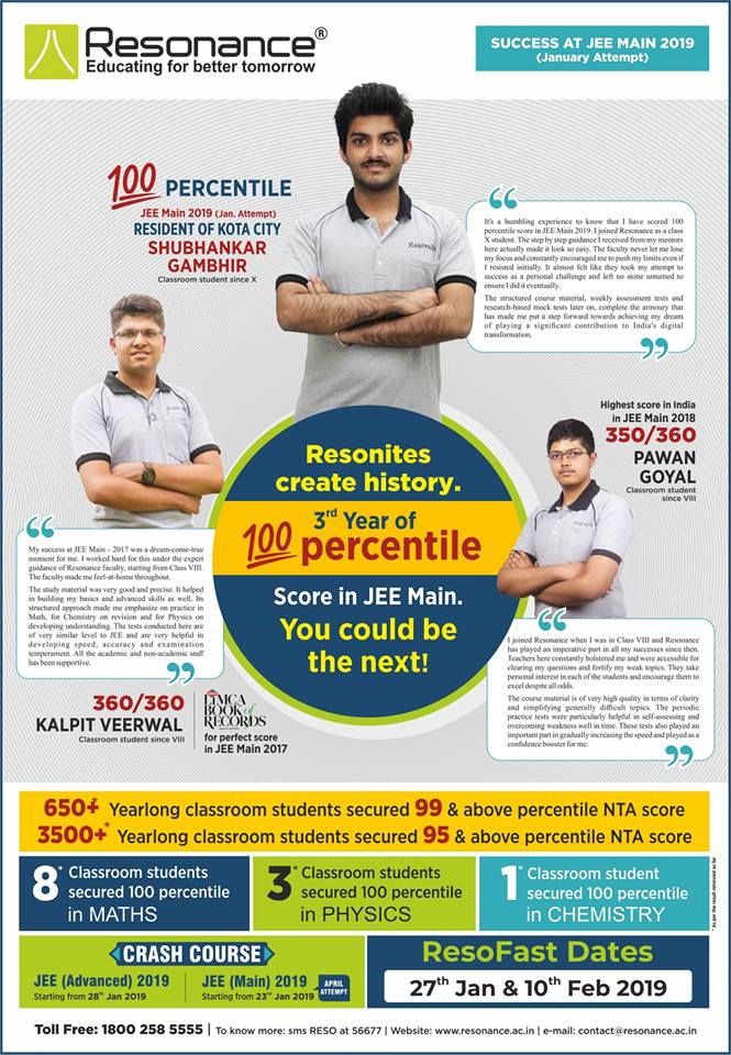 RESONites Create History in JEE Main 2019 (January Attempt)